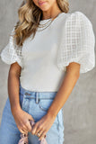 Women's Crew Neck Checkered Short Puff Sleeve Shirt Ribbed Knit Top