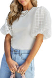 LC25120644-1-S, LC25120644-1-M, LC25120644-1-L, LC25120644-1-XL, White Checkered Puff Sleeve Ribbed Knit Top