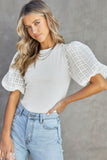 LC25120644-1-S, LC25120644-1-M, LC25120644-1-L, LC25120644-1-XL, White Checkered Puff Sleeve Ribbed Knit Top