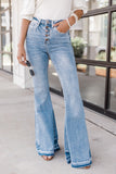 Women's High Waist Button Fly Distressed Flared Jeans