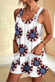 Women's Summer Ajustable Strap Knot Romper American Flag Sunflower Print Jumpsuit