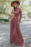LC625150-10-S, LC625150-10-M, LC625150-10-L, LC625150-10-XL, Pink Solid Color Ribbed Crop Top Long Pants Set