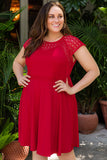 PL61449-3-1X, PL61449-3-2X, PL61449-3-3X, Red Plus Size Lace Yoke Splice Fit-and-flare Curvy Dress