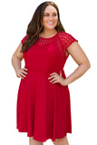 PL61449-3-1X, PL61449-3-2X, PL61449-3-3X, Red Plus Size Lace Yoke Splice Fit-and-flare Curvy Dress