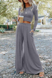 Women's Solid Color Long Sleeve Crop Top Long Pants Set