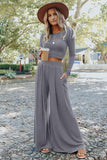 LC625150-11-S, LC625150-11-M, LC625150-11-L, LC625150-11-XL, Gray Solid Color Ribbed Crop Top Long Pants Set