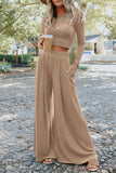 LC625150-18-S, LC625150-18-M, LC625150-18-L, LC625150-18-XL, Apricot Solid Color Ribbed Crop Top Long Pants Set