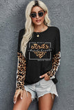 Leopard Print Long Sleeve Graphic Womens Tees Crew Neck Black Color Block Top