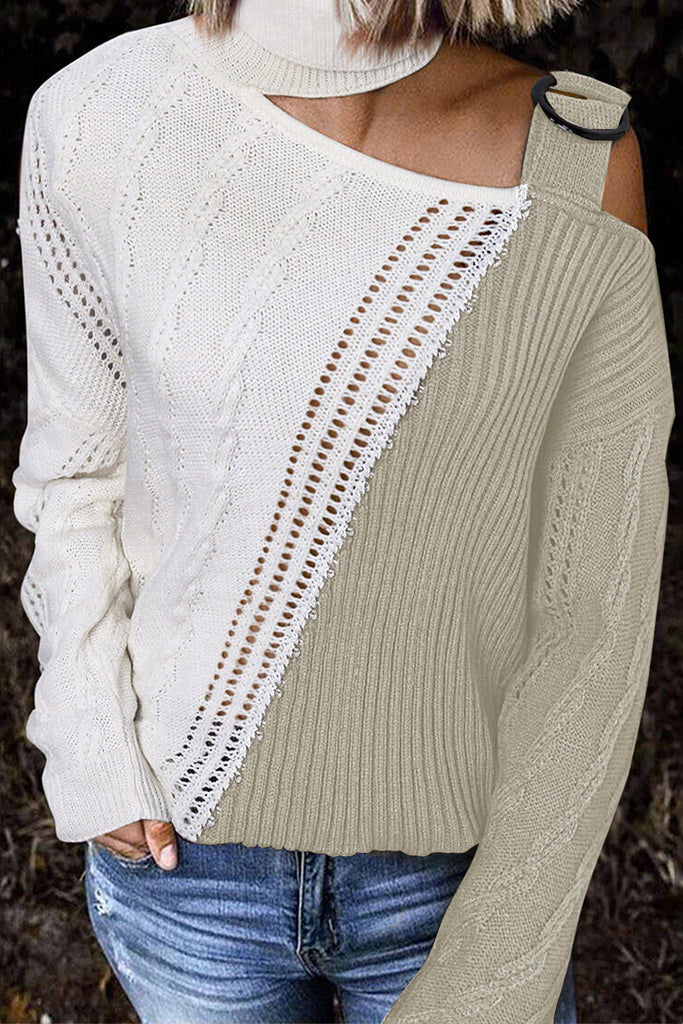 Cold Shoulder Turtleneck Knit Sweater Color Block Jumper Tops
