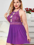 Plus Size Halter Neck Lace Mesh Backless Pleated Babydoll Dress