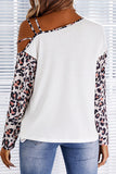 Women's Spaghetti Straps One Shoulder Shirt Leopard Long Sleeves Splicing Top