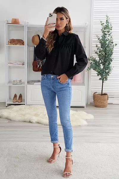 Solid Color Long Sleeve Ruffle Top Blouse