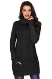 Black Women's Winter Casual Long Sleeve Solid Color Warm Loose Turtleneck Oversized Pullover Cable Knit Sweater Dress with Pockets LC27836-2