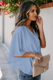 LC253392-4-S, LC253392-4-M, LC253392-4-L, LC253392-4-XL, LC253392-4-2XL, Air Blue Women's Casual Summer Sleeve Wrap V Neck Draped Blouses Solid Color Tops Shirts