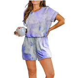 Women's Short Sleeve Tie Dye Top And Drawstring Shorts Pajama Set