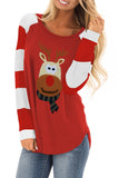 Red Christmas Cartoon Reindeer Color Block Sleeve Top LC252961-3
