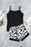 Black Black Tank Top and Leopard Lace Trim Shorts Loungewear Set LC451849-2