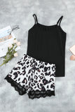Black Black Tank Top and Leopard Lace Trim Shorts Loungewear Set LC451849-2