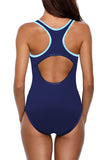 LC44847-5-S, LC44847-5-M, LC44847-5-L, LC44847-5-XL, LC44847-5-2XL, Blue Color Block Cut-out Racerback One-piece Swimsuit