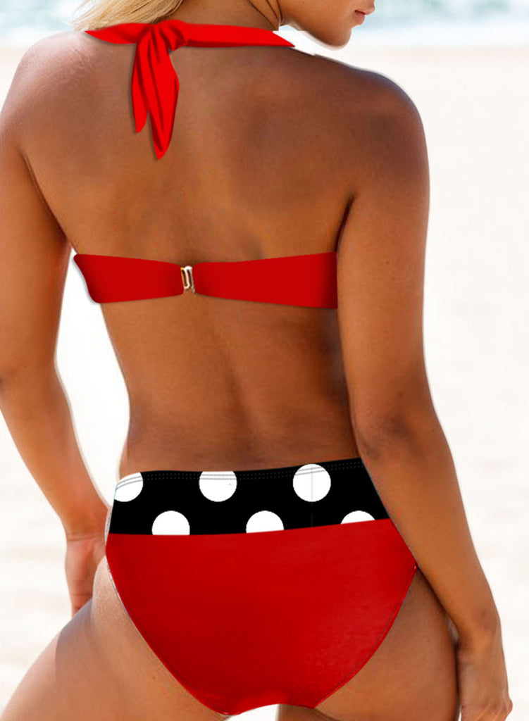 Red Women's Bikinis Polka Dot Color Block Low Rise Sleeveless Halter Padded Adjustable Wire-free Knot Beach Bikinis LC431320-3