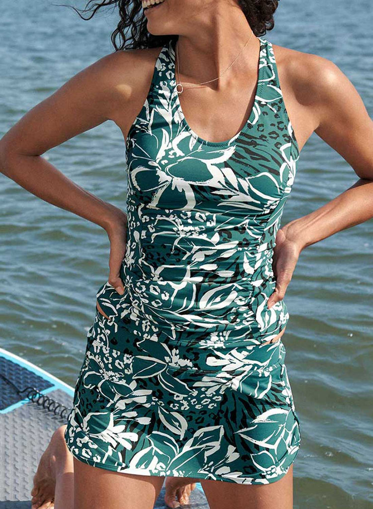 Green Women's One-piece Swimsuits Floral Padded Sleeveless U Neck Unadjustable Wire-free Casual Swimsuits LC44962-9