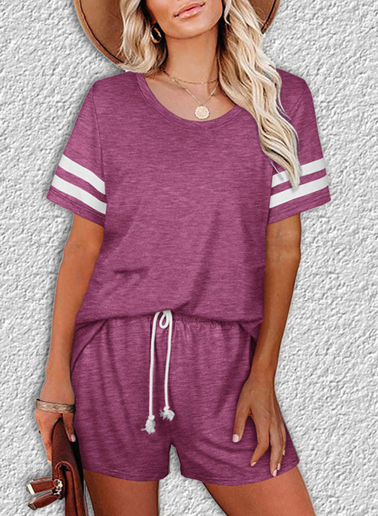 Rose Women's Loungewear Sets Knot Solid Striped Short Sleeve Round Neck Pencil Casual Daily Loungewear Sets LC4511572-6