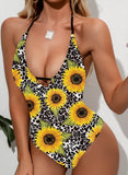 Color Block Print Deep Plunge Halter One-piece Swimsuit Tie Back