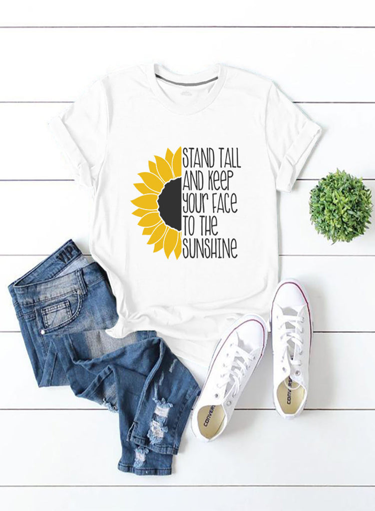 White Women's T-shirts Sunflower Letter Print T-shirt LC2526419-1