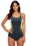LC44847-11-S, LC44847-11-M, LC44847-11-L, LC44847-11-XL, LC44847-11-2XL, Gray Color Block Cut-out Racerback One-piece Swimsuit