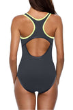 LC44847-11-S, LC44847-11-M, LC44847-11-L, LC44847-11-XL, LC44847-11-2XL, Gray Color Block Cut-out Racerback One-piece Swimsuit