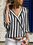 Black Women's Blouses Striped V Neck Blouse LC2551288-2