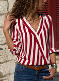 Red Women's Blouses Striped V Neck Blouse LC2551288-3