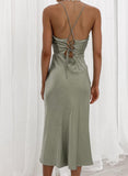 Green Women's Dresses Satin Backless Tied Cami Midi Dress LC226922-9