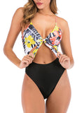Yellow Women's Swimsuits Floral Knot Front Cutout One-piece Swimsuit LC442076-7