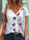 Women's Butterfly Print T-shirt V Neck Short Sleeve Casual Tee