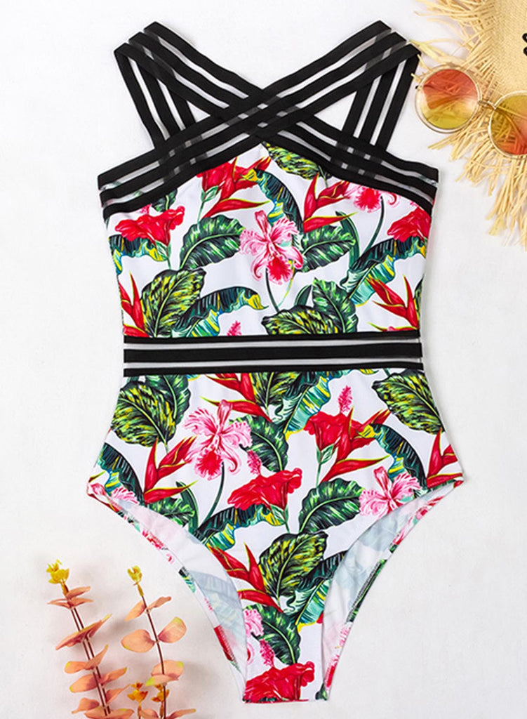 White Women's Swimsuits Floral Leaf Criss Cross One-piece Swimsuit LC442291-1