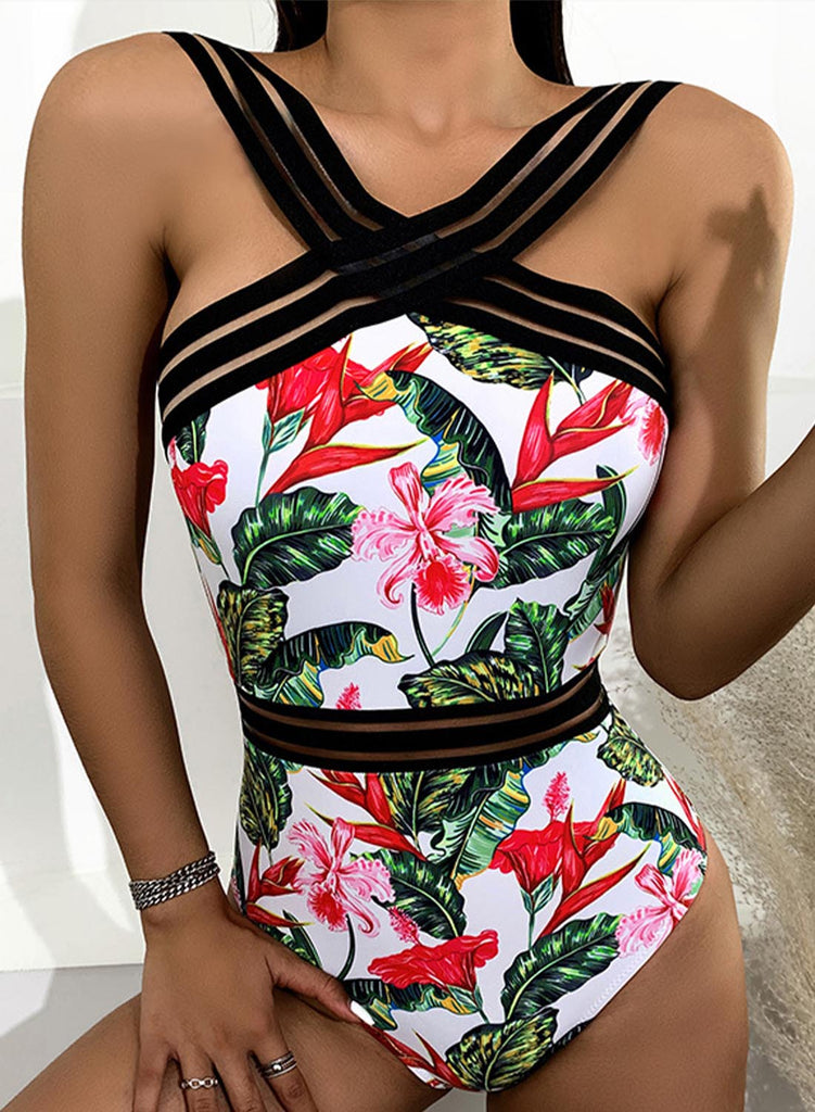 White Women's Swimsuits Floral Leaf Criss Cross One-piece Swimsuit LC442291-1