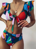 Color Block Swimwear Ruffled Sleeve Crop Top High Rise Shorts