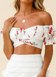White Women's T-shirts Floral Off Shoulder Back Knot Short T-shirt LC2528332-1