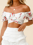 White Women's T-shirts Floral Off Shoulder Back Knot Short T-shirt LC2528332-1