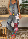 Floral Print Denim Jumpsuit For Women With Pockets