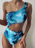 Blue Women's Swimsuits Tiedye Hollowed One Shoulder One-piece Swimsuit LC442345-5