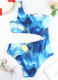 Blue Women's Swimsuits Tiedye Hollowed One Shoulder One-piece Swimsuit LC442345-5