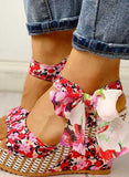 Red Women's Sandals Wedge Heel Fish Mouth Platform Floral Ribbon Sandals LC12690-3