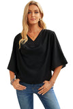 LC253392-2-S, LC253392-2-M, LC253392-2-L, LC253392-2-XL, LC253392-2-2XL, Black Women's Casual Summer Sleeve Wrap V Neck Draped Blouses Solid Color Tops Shirts