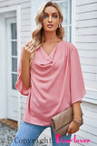LC253392-10-S, LC253392-10-M, LC253392-10-L, LC253392-10-XL, LC253392-10-2XL, Pink Women's Casual Summer Sleeve Wrap V Neck Draped Blouses Solid Color Tops Shirts