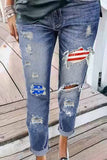 LC781717-5-S, LC781717-5-M, LC781717-5-L, LC781717-5-XL, Blue Vintage Stripes and Stars Patches Ripped Jeans