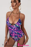 Purple Women's Swimsuits Floral Color Block Print Tied Deep V Neck One-piece Swimsuit LC441306-8
