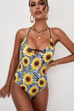 Yellow Women's Swimsuits Floral Color Block Print Tied Deep V Neck One-piece Swimsuit LC441306-7