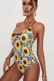 Yellow Women's Swimsuits Floral Color Block Print Tied Deep V Neck One-piece Swimsuit LC441306-7